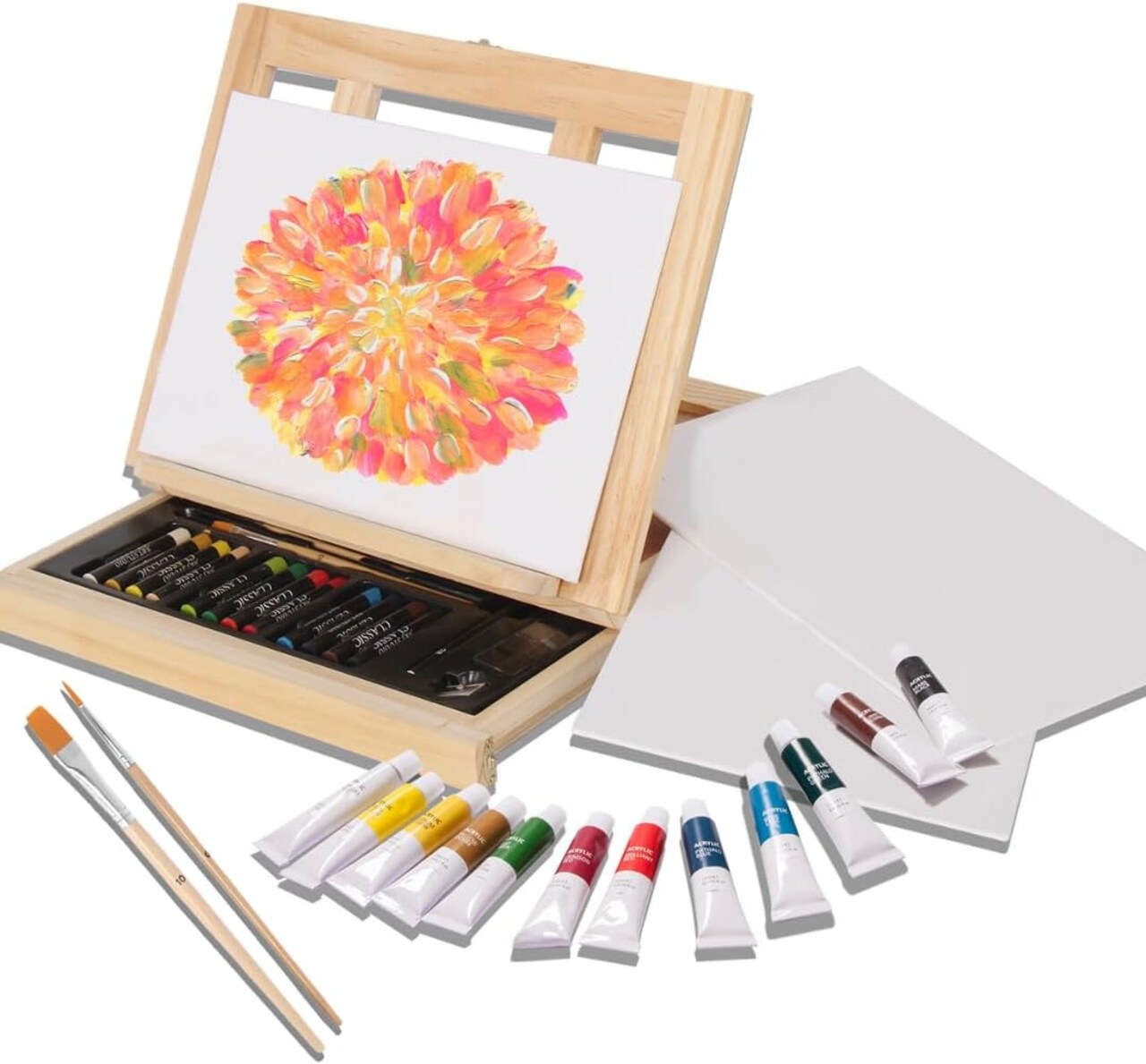 34 Piece, Easel Painting Kit with Wood Table Desk Top Easel Box Includes Acrylic Paints Set, 3 Canvas Boards, Pastels, Desktop Art Supplies Gift for Beginner Artists, Kids, Adults